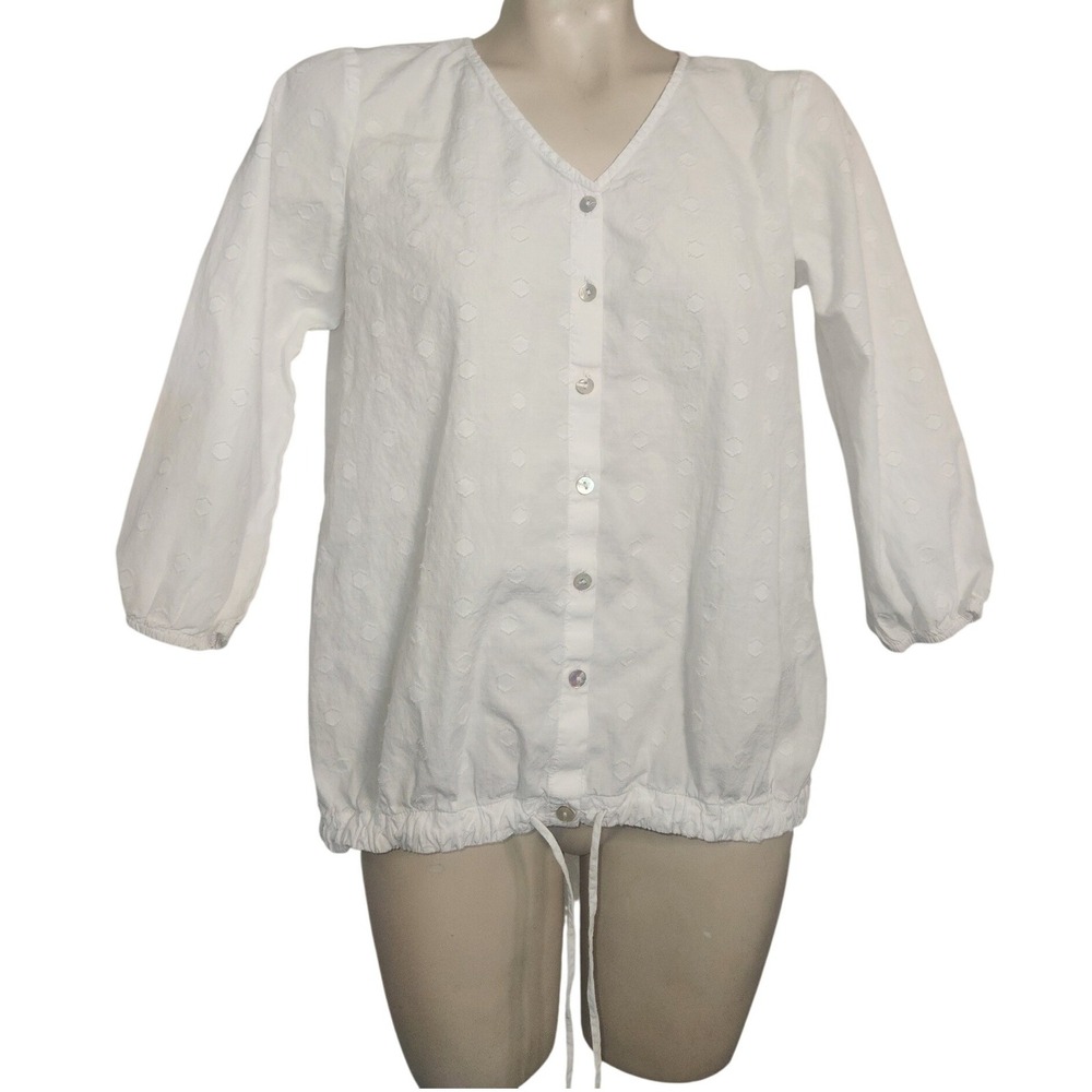 J. Jill Womens White Swiss Dot Cotton Button Down Drawstring Hem Blouse XS